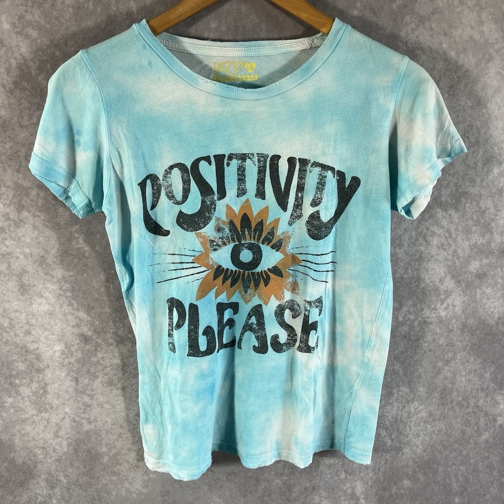 Dazey LA Graphic Tee Women Small Blue Tie Dye Positivity Please Sunflower Eye